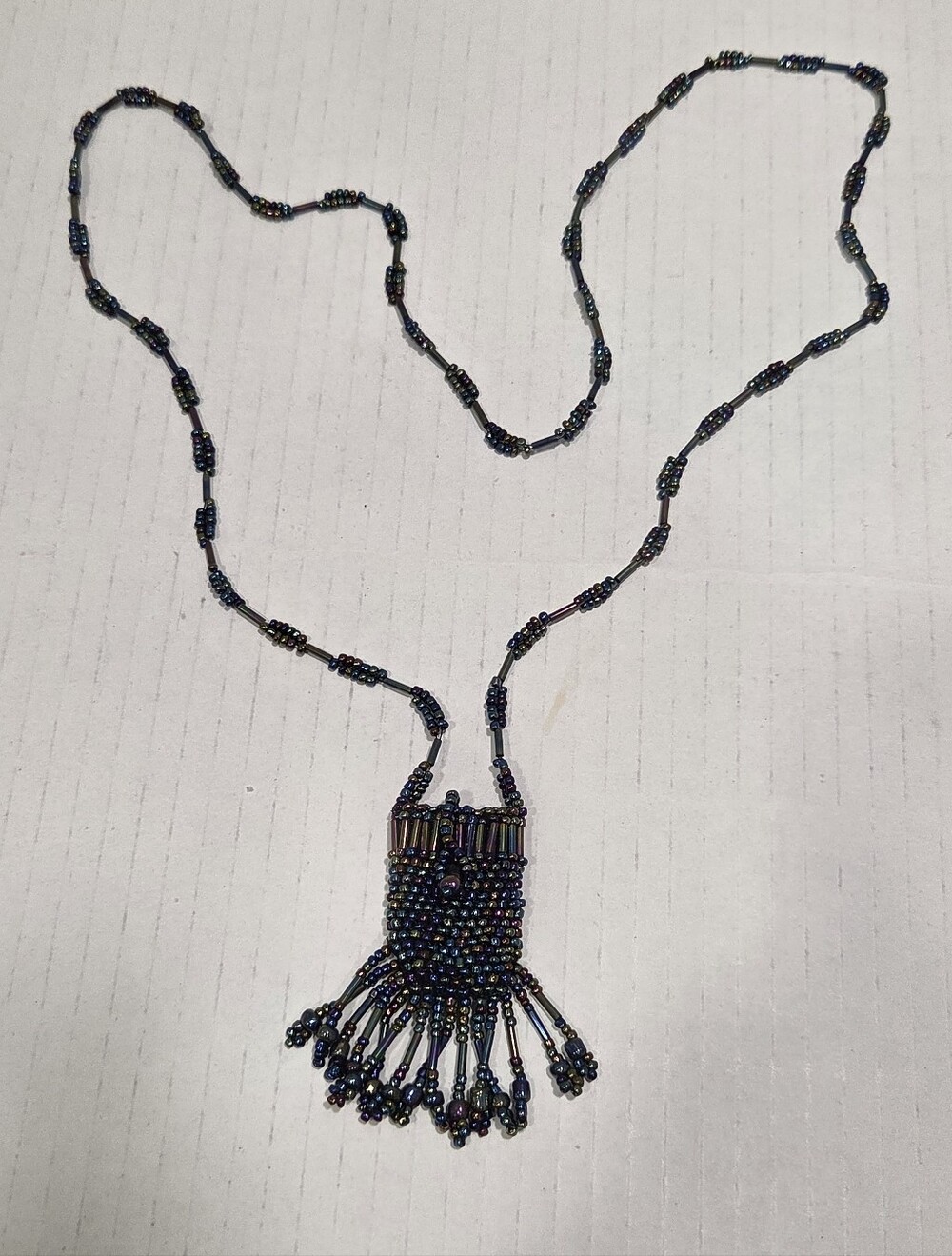 Vintage Black Iridescent Seed Bugle Bead Amulet Fringe Purse Pendant Necklace